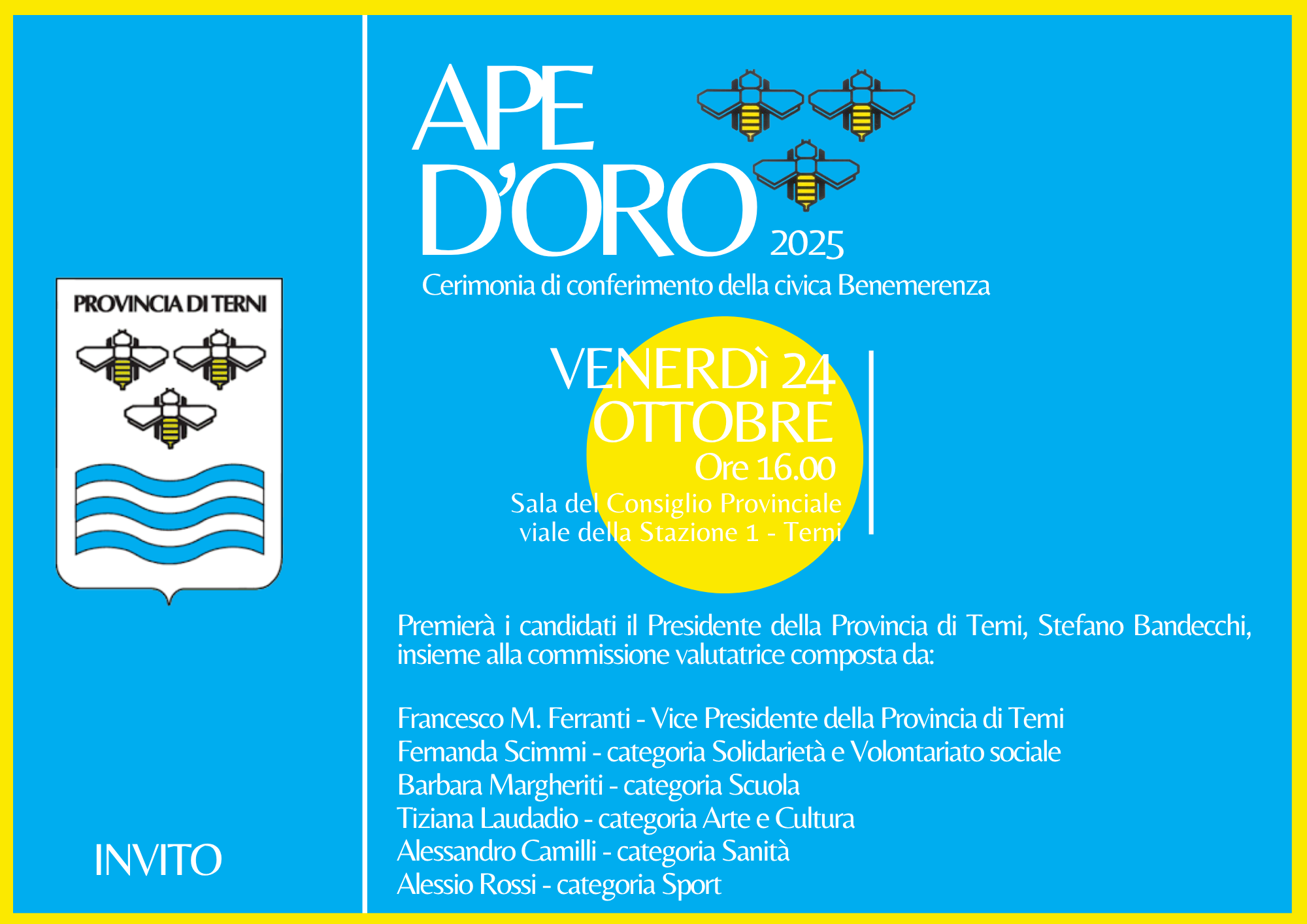 immagine notizia (ptn) Provincia, Ape d’Oro, il 24 ottobre la cerimonia di conferimento della benemerenza, Ferranti: “Riconoscimento importante per chi ha particolarmente contribuito alla crescita della nostra comunità”
